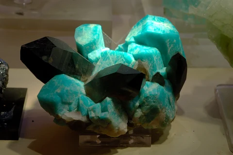 Blue-green amazonite crystals with dark smoky quartz from the Halpern collection.