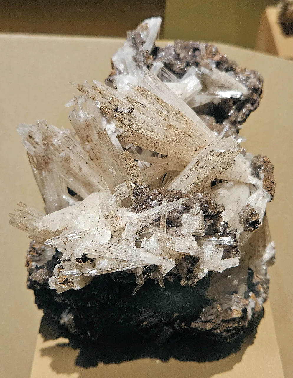 Pale needle-like aragonite crystals on dark matrix