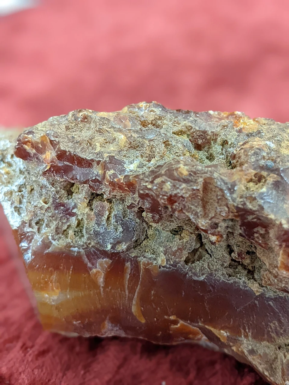 Red-orange carnelian in a rough rock specimen