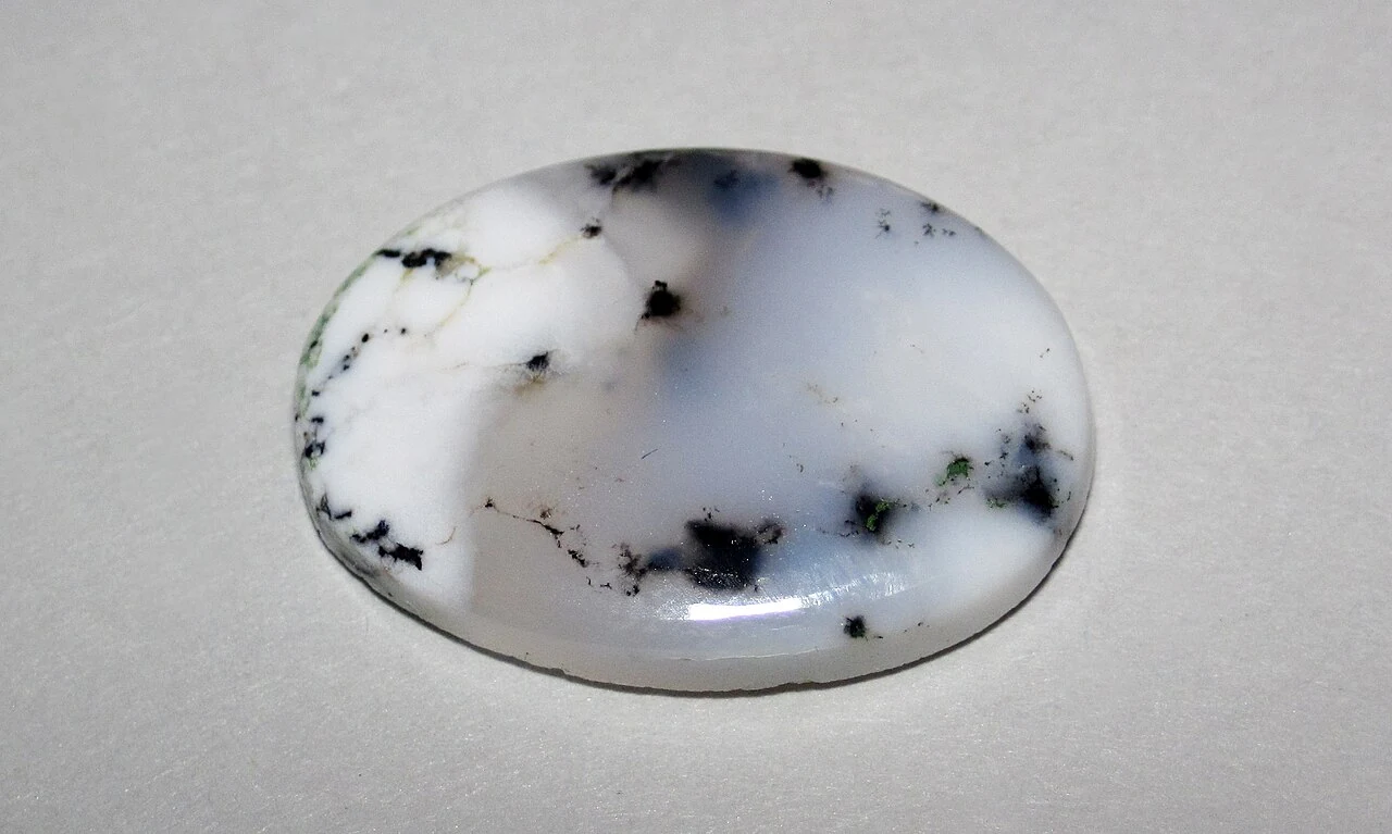 Pale oval dendritic agate with dark inclusions