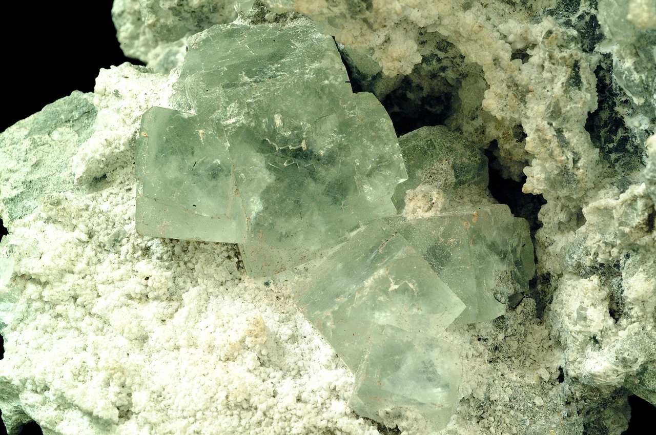 Pale blue-green cubic fluorite crystals (about 3 cm on edge) with calcite.