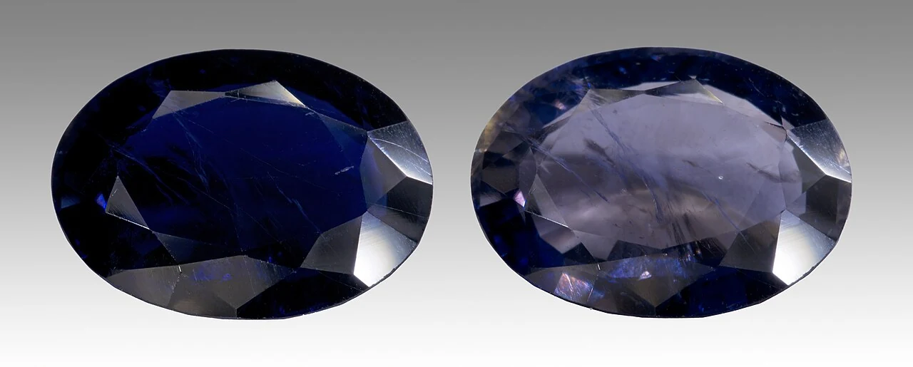Two views of faceted iolite under different lighting