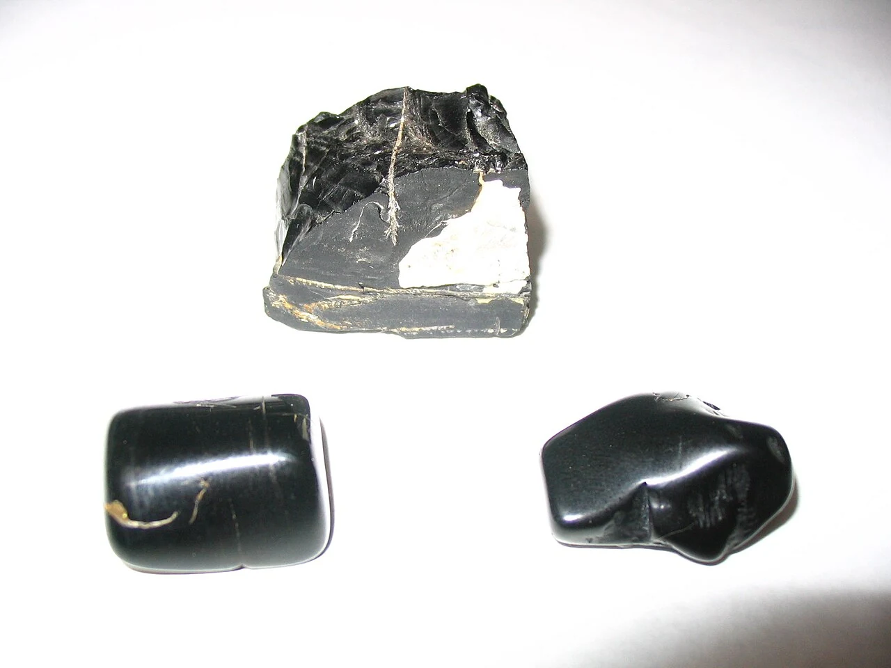 Jet from Holzmaden: one rough and two polished specimens