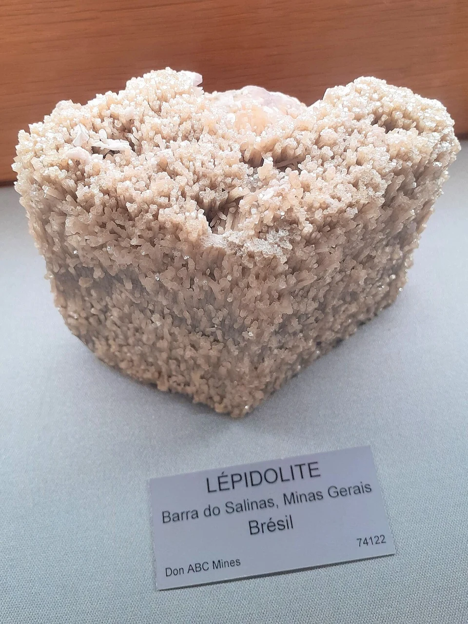 Pale pink lepidolite on museum display