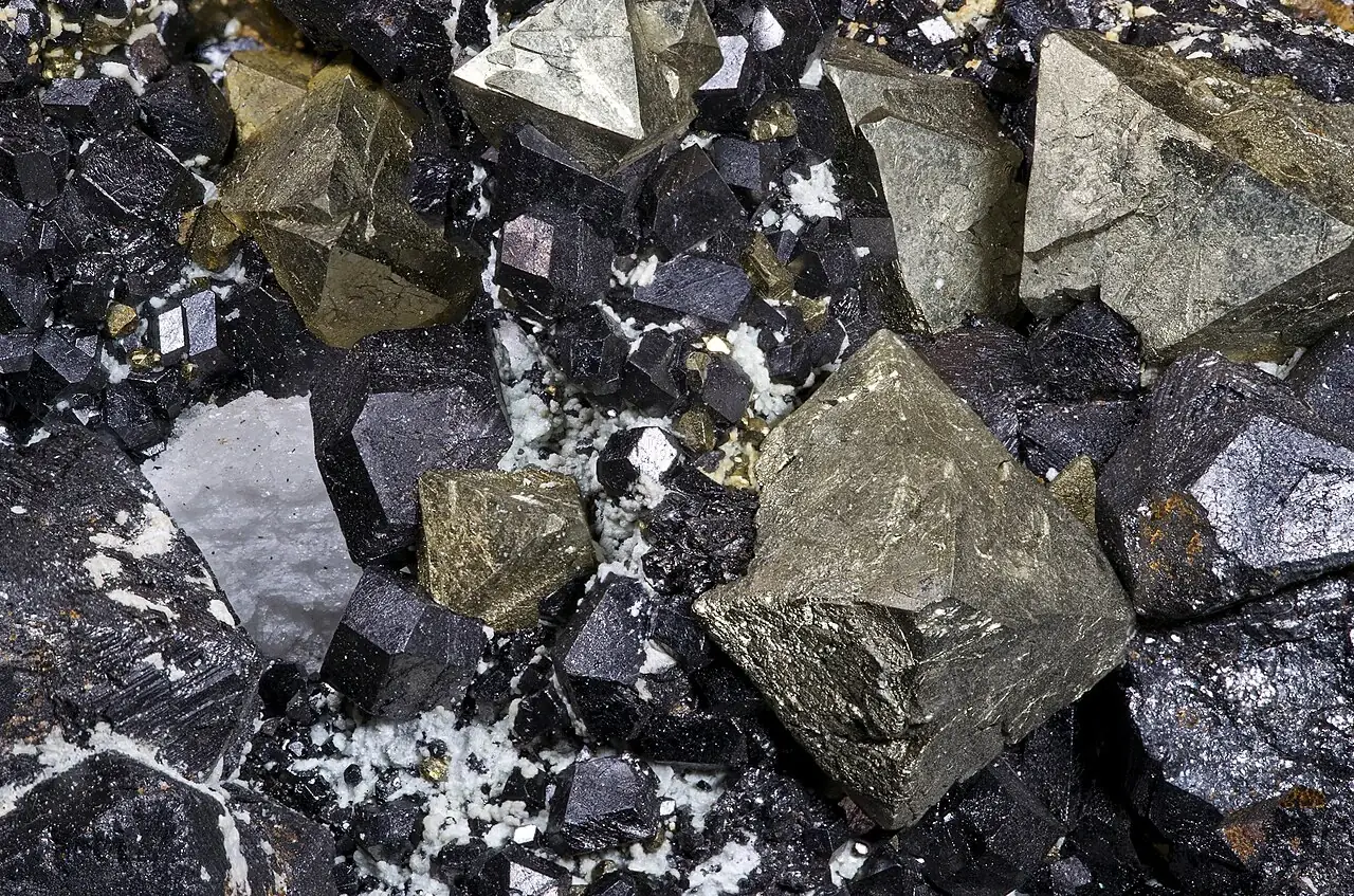 Dark magnetite crystals with pyrite