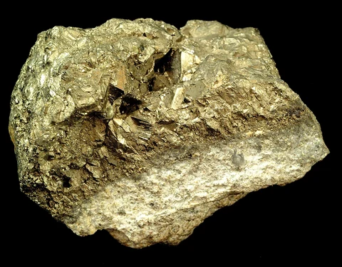 Massive pyrite specimen with a gold-coloured metallic uneven surface.