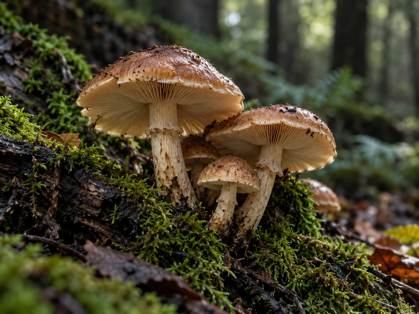 Photorealistic illustration of woodland mushrooms on moss-covered wood