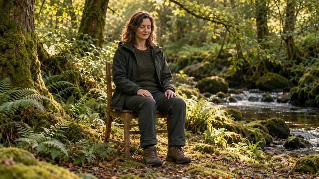 An adult sits comfortably on a wooden chair among ferns beside a woodland stream.