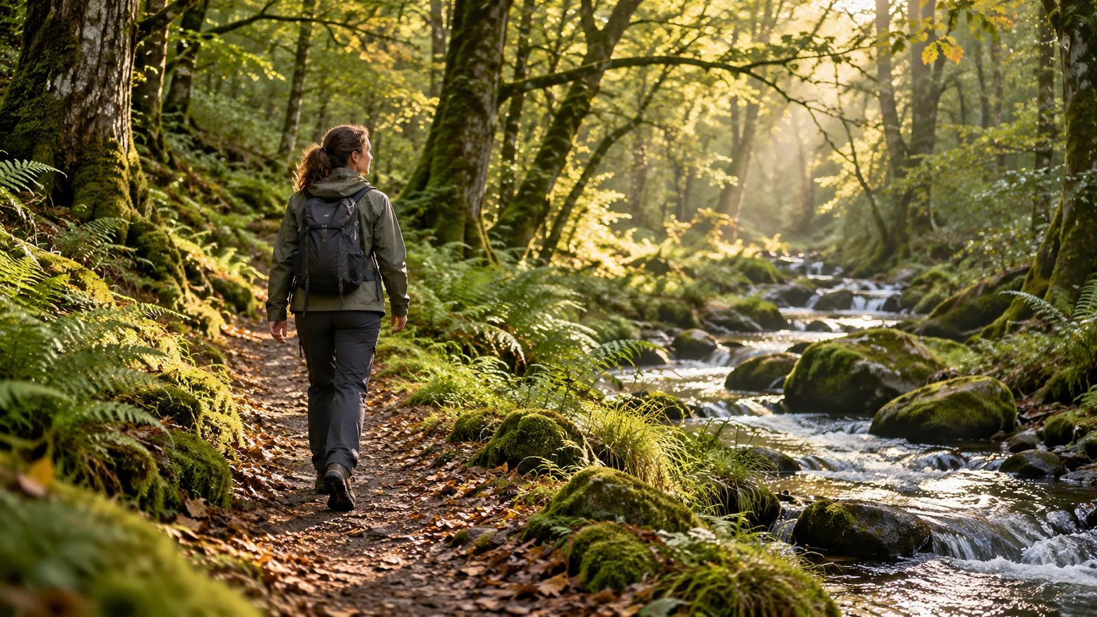An adult wearing walking clothes follows a woodland path beside a shallow stream.