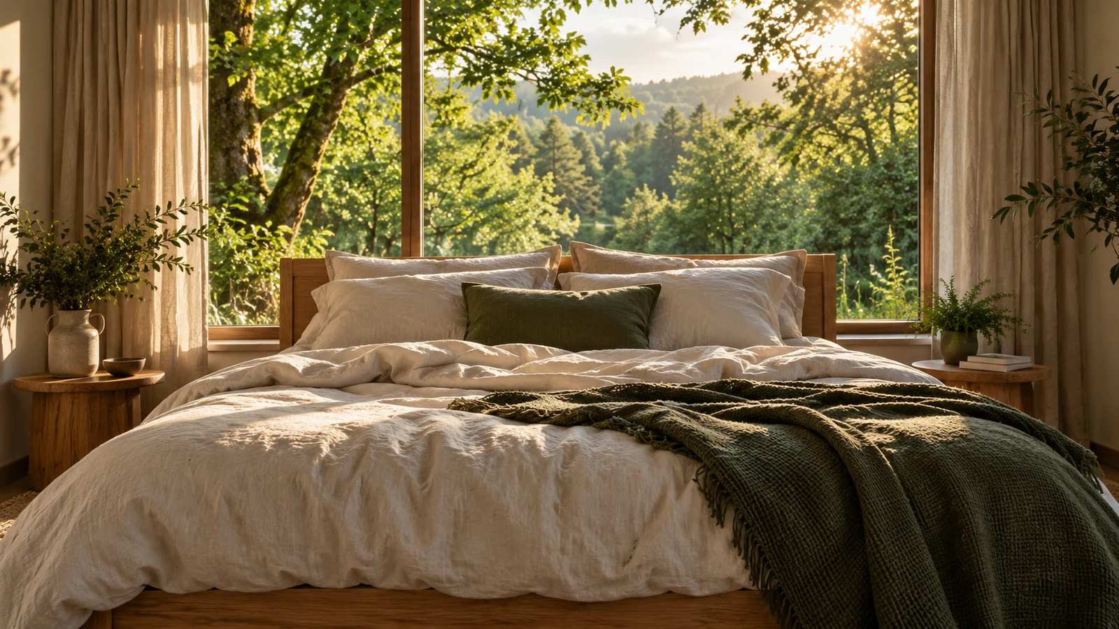Morning sunlight illuminates linen bedding in a bedroom overlooking green trees.