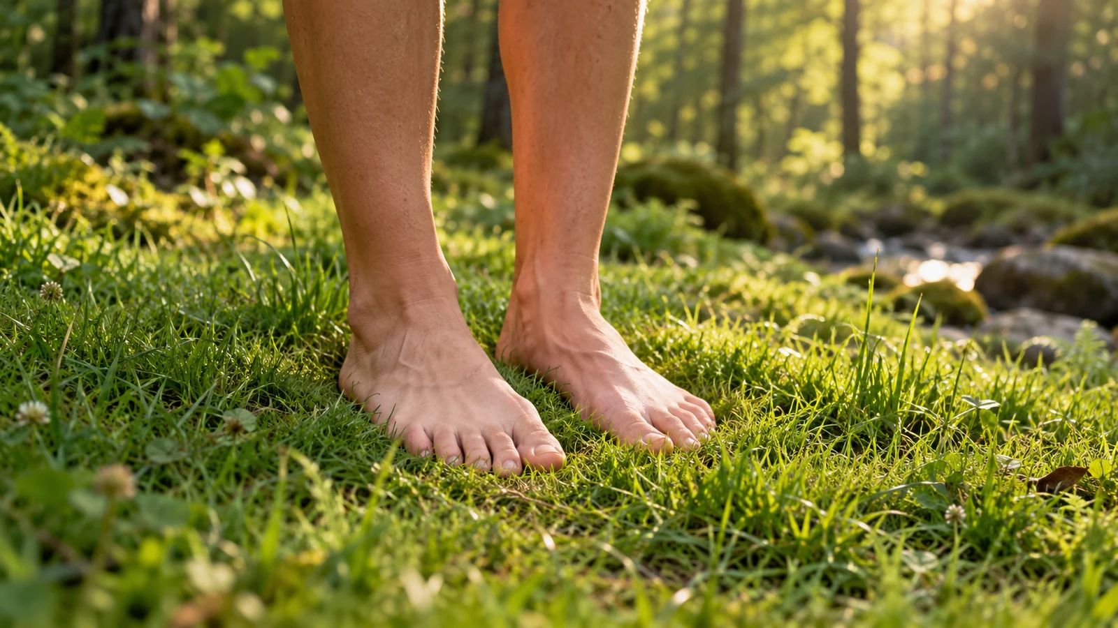 An adult's bare feet standing on green grass at the edge of a sunlit forest.