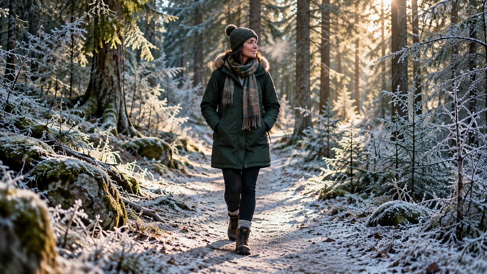 An adult in a warm green coat walking along a frosty forest path in winter sunlight.