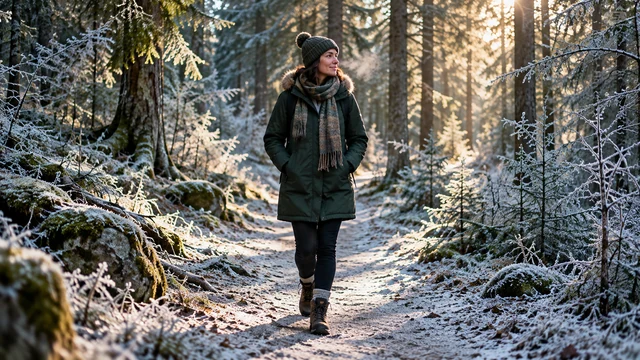 An adult in a warm green coat walking along a frosty forest path in winter sunlight.