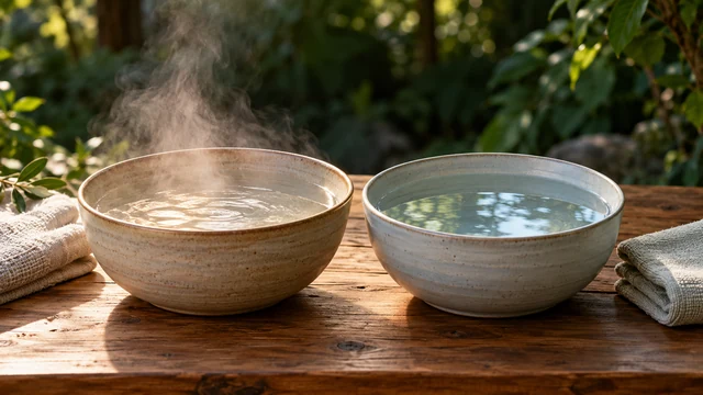 Two ceramic basins of clear water on a wooden table beside folded linen towels, with steam above one basin and green foliage behind.
