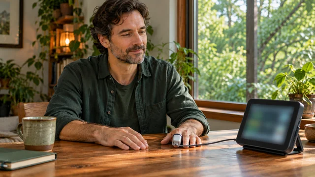 Adult seated at a wooden table with an optical finger sensor and an unreadable monitor beside a window overlooking greenery.