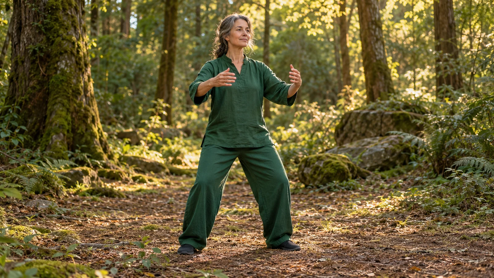 Adult in a plain green outfit standing with gently raised arms in a sunlit woodland clearing.