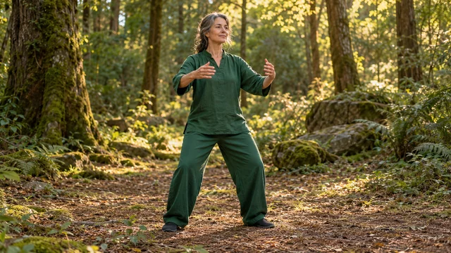 Adult in a plain green outfit standing with gently raised arms in a sunlit woodland clearing.