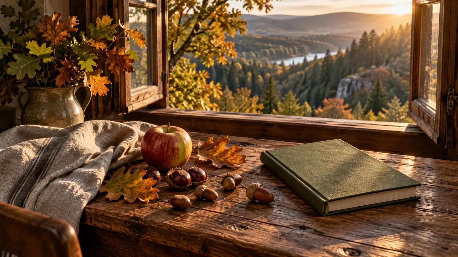 An apple, oak leaves, chestnuts, acorns and a closed green journal on a linen-covered wooden table beside an open window overlooking an autumn forest.