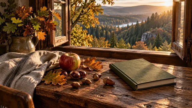 An apple, oak leaves, chestnuts, acorns and a closed green journal on a linen-covered wooden table beside an open window overlooking an autumn forest.