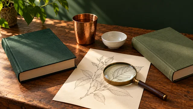 Two closed green clothbound books, a copper cup, a white bowl and a magnifying glass over an unlabelled sketch of leaves on a wooden desk.
