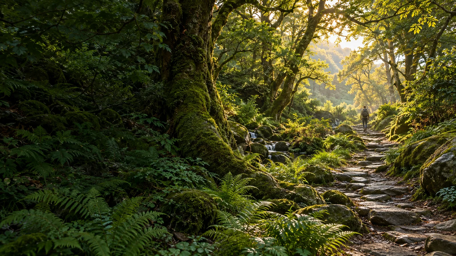 Sunlight falls across a stone path through a fern-filled woodland.