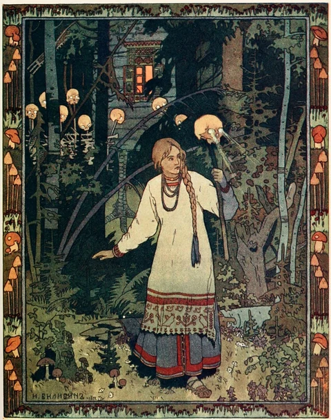 Vasilissa at Baba Yaga's hut in a historical illustration by Ivan Bilibin, reproduced in Russian Wonder Tales.
