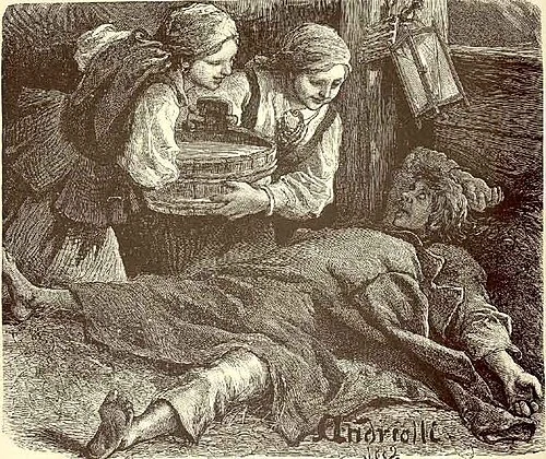 Dyngus in a nineteenth-century engraving by Michał Elwiro Andriolli; a later portrayal of the custom described by Kitowicz.