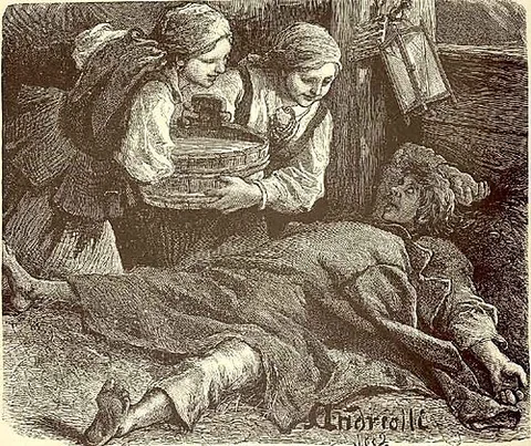 Dyngus in a nineteenth-century engraving by Michał Elwiro Andriolli; a later portrayal of the custom described by Kitowicz.