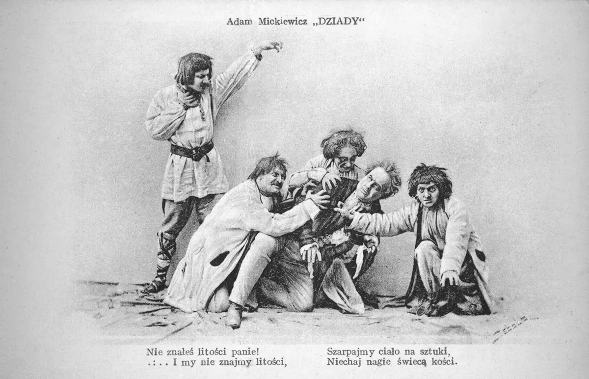 A scene from Stanisław Wyspiański's 1901 Kraków production of Dziady, photographed by Józef Sebald and reproduced on a postcard.