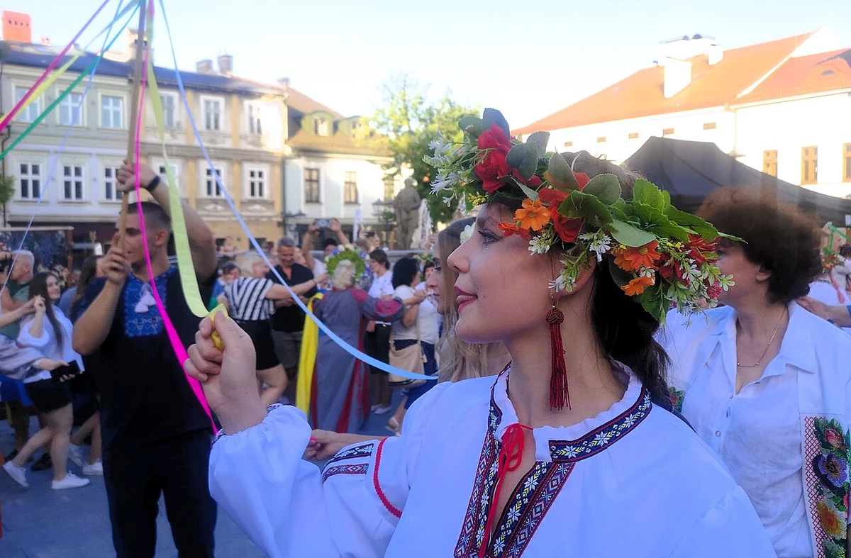 A participant wearing a wreath at Ukrainian Ivan Kupala celebrations in Bielsko-Biała, 8 July 2023; a contemporary celebration.